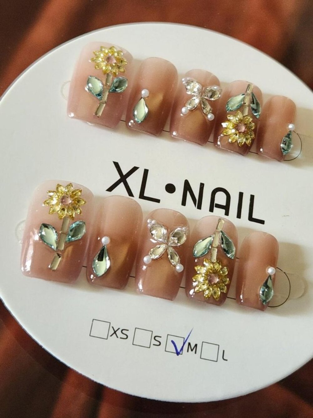 XL Nail Nude Short Square sunflower gem press-on nails. Size M.